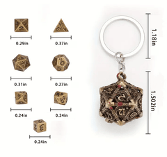D20 Hollow Metal Dice Box with 7 Set Polyhedral Tiny Metal Dice Keychain Bronze or Black
